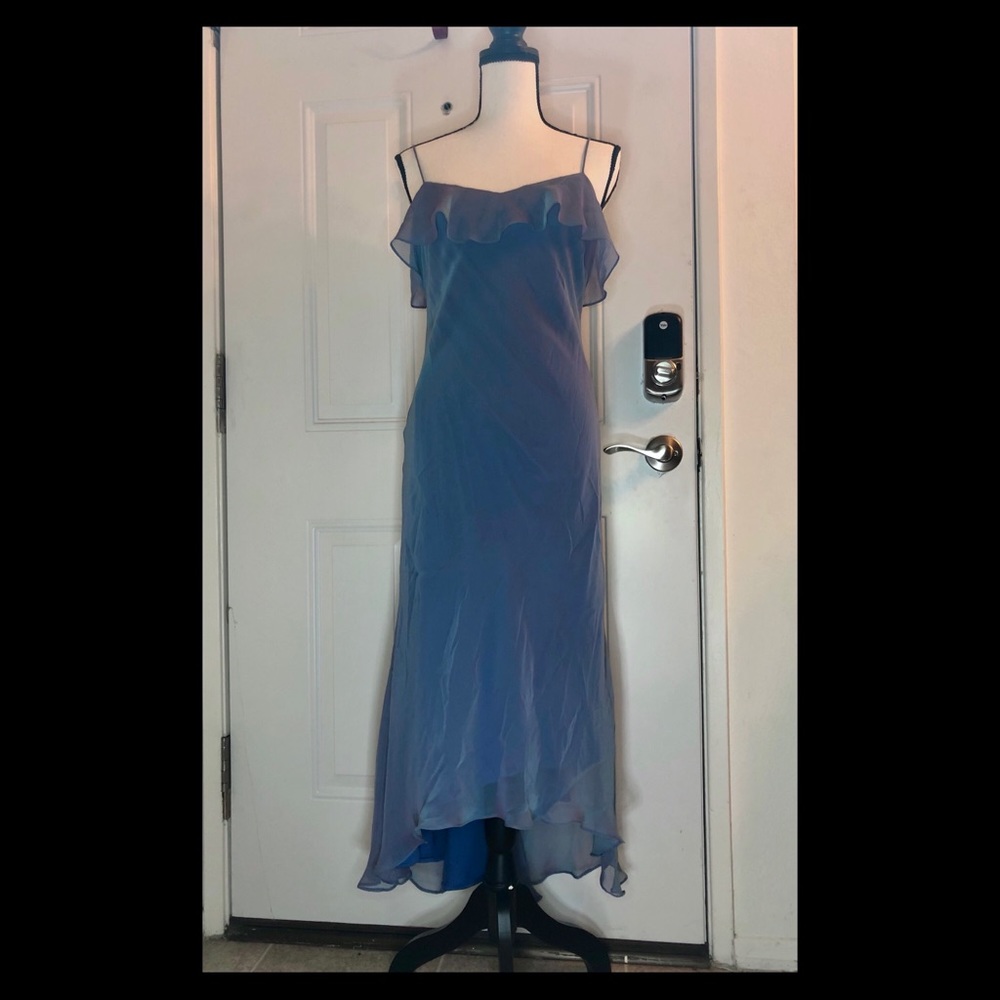 Elegant Blue Hi-Lo Bridesmaid Dress with Shawl